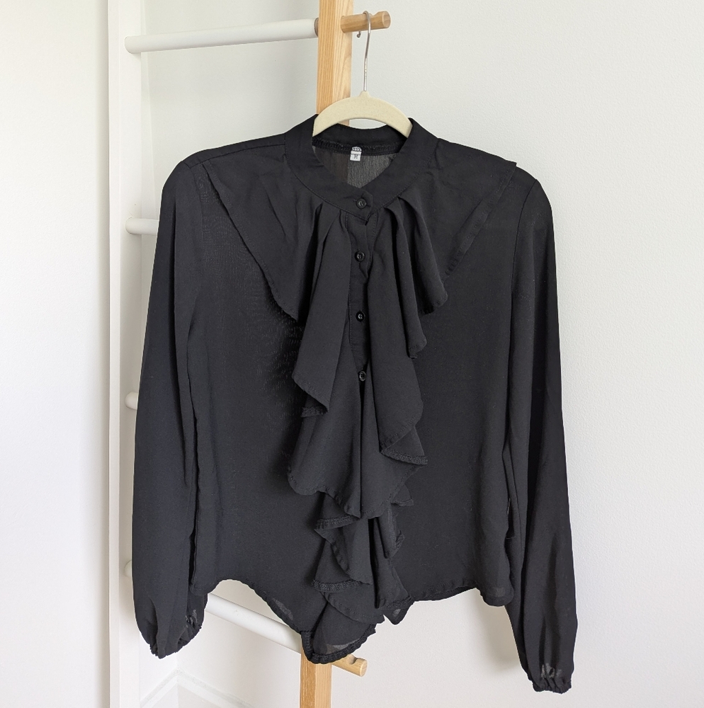 Black Crepe Ruffled Blouse